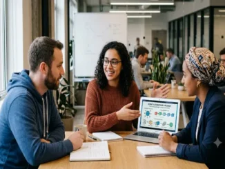 A woman with glasses and a brown sweater points to a laptop screen showing a simple "How Blockchain Works" diagram while explaining it to two colleagues at a wooden office table.