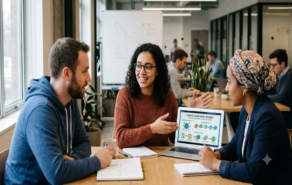 A woman with glasses and a brown sweater points to a laptop screen showing a simple "How Blockchain Works" diagram while explaining it to two colleagues at a wooden office table.
