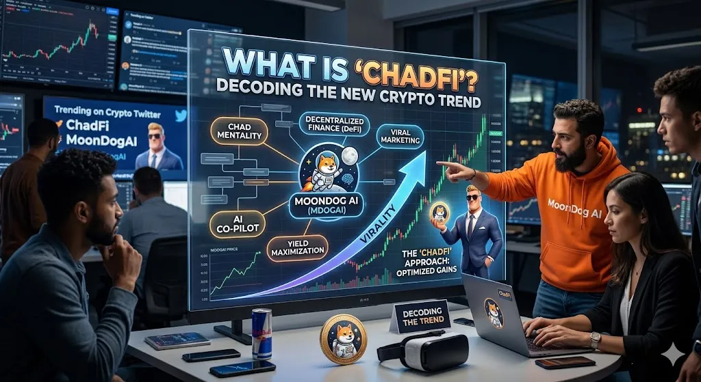 A tech team analyzes a transparent digital display showing a breakdown of the "ChadFi" crypto trend and MoonDog AI (MDOGAI), featuring concepts like DeFi, Chad Mentality, Viral Marketing, and Yield Maximization next to an upward trending stock graph.