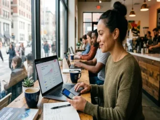 A woman sitting at a wooden counter next to a large window in a bustling cafe, looking at a laptop displaying a decentralized finance (DeFi) crypto dashboard with charts. She is holding a smartphone and taking notes in a notebook, with a book titled "Decentralized Finance" nearby. Other people are working on laptops in the background.