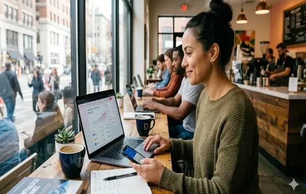 A woman sitting at a wooden counter next to a large window in a bustling cafe, looking at a laptop displaying a decentralized finance (DeFi) crypto dashboard with charts. She is holding a smartphone and taking notes in a notebook, with a book titled "Decentralized Finance" nearby. Other people are working on laptops in the background.
