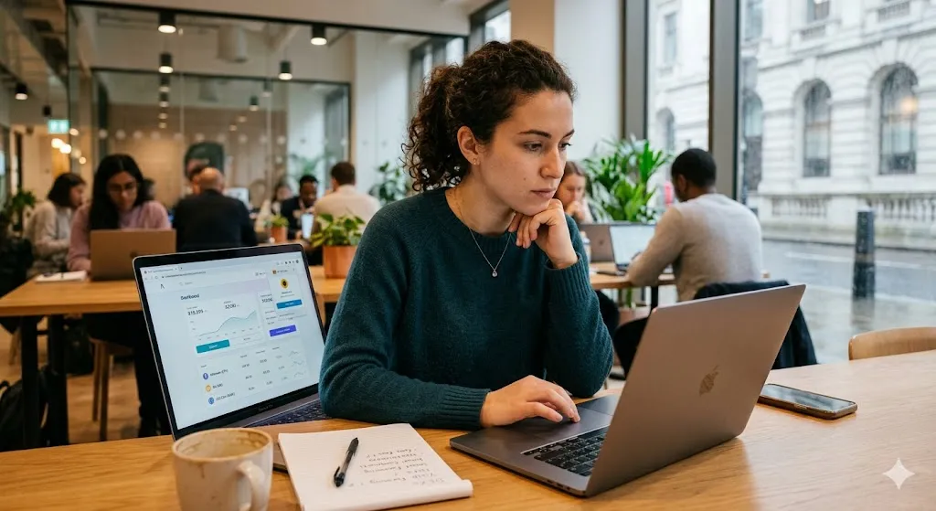 A woman focused on her laptop in a modern co-working space, analyzing a cryptocurrency dashboard with financial charts on an external screen.