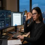 A female crypto analyst examining a physical utility token with a stylized 'U' logo at her desk, with dual monitors displaying cryptocurrency trading charts and a token utility evaluation framework against a city skyline at dusk.