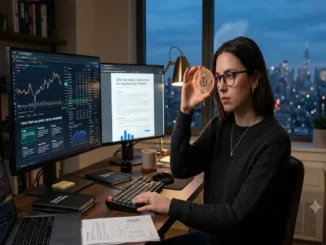 A female crypto analyst examining a physical utility token with a stylized 'U' logo at her desk, with dual monitors displaying cryptocurrency trading charts and a token utility evaluation framework against a city skyline at dusk.
