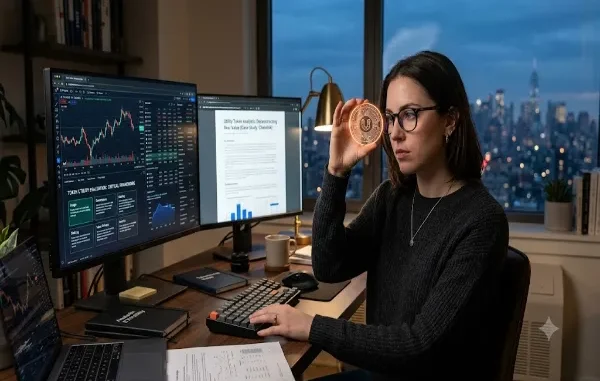 A female crypto analyst examining a physical utility token with a stylized 'U' logo at her desk, with dual monitors displaying cryptocurrency trading charts and a token utility evaluation framework against a city skyline at dusk.