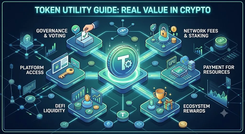An infographic titled "Token Utility Guide: Real Value in Crypto" illustrating six core use cases of a utility token: Governance & Voting, Network Fees & Staking, Payment for Resources, Ecosystem Rewards, DeFi Liquidity, and Platform Access.