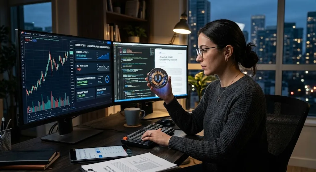 A woman analyst at a desk examining cryptocurrency token utility metrics on dual monitors with charts and code, holding a physical representation of a digital token with a glowing "U" logo.