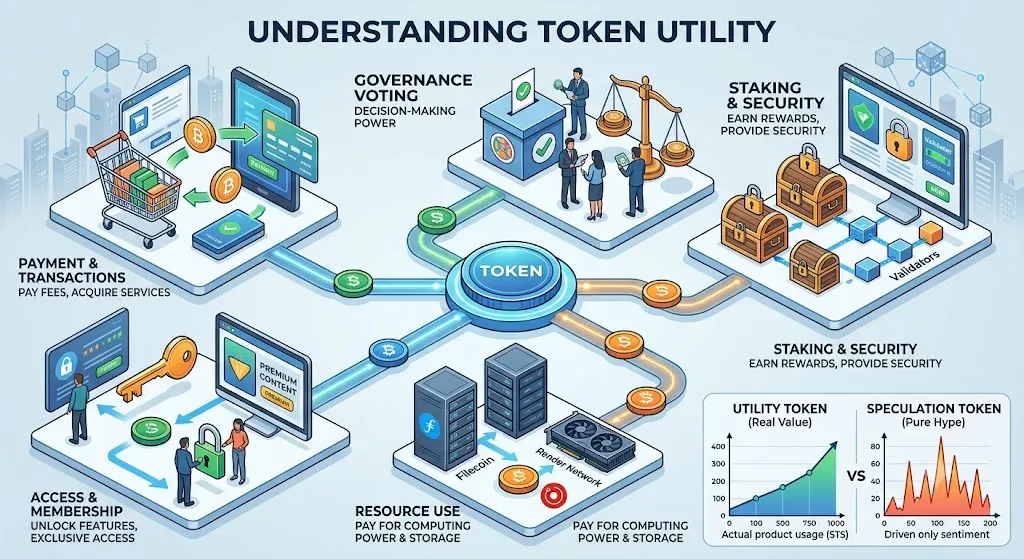 Infographic explaining understanding token utility in crypto, showing payment transactions, governance voting, staking security, resource use with Filecoin and Render, access membership, and a utility token vs speculation token chart.