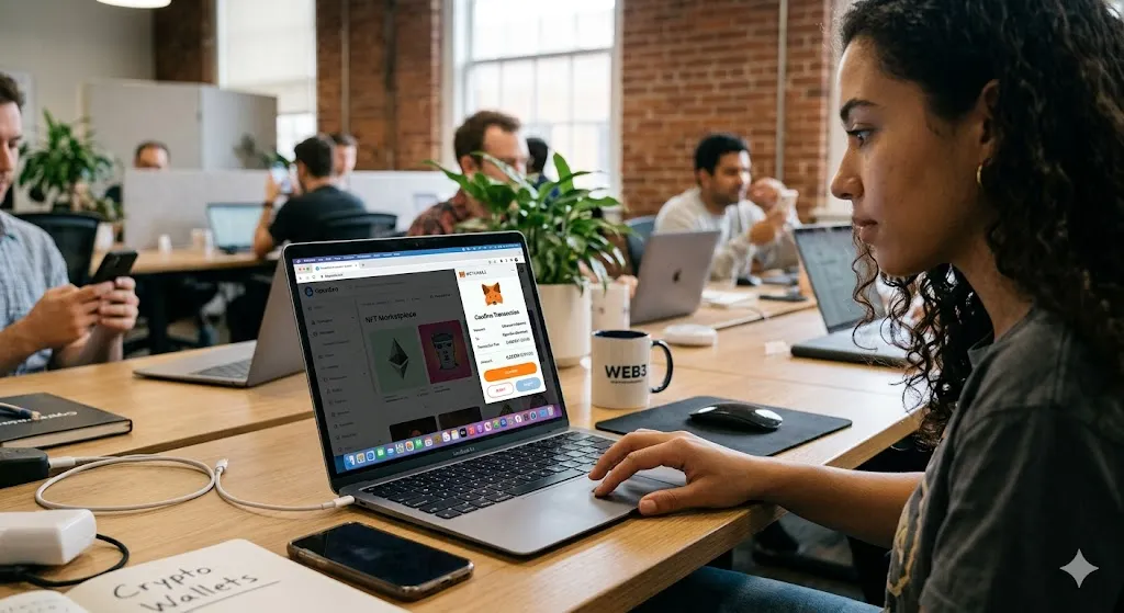 A realistic photograph captures a young woman with dark curly hair focused on her laptop screen in a busy, modern co-working office. She is using a silver MacBook Air, which displays a MetaMask browser extension notification on top of an OpenSea NFT marketplace page. The MetaMask popup is blue-themed, showing the red fox logo, and is prompting the user to "Confirm Transaction" with details including the gas fee in ETH and a prominent orange "CONFIRM" button. Her hand is on the trackpad, ready to click. The setting is a bustling shared office with exposed brick walls, other remote workers at large wooden tables with their devices, potted plants, and natural light from large windows. The atmosphere is energetic and contemporary. A coffee mug on the desk has the word "WEB3" on it, and a notebook reads "Crypto Wallets." The focus is sharp on the woman's profile and her laptop screen, with a shallow depth of field rendering the background office activity in a soft, realistic blur.