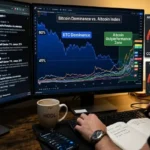 A dynamic trading setup with two monitors. The main screen displays a "Bitcoin Dominance vs. Altcoin Index" chart, contrasting declining Bitcoin dominance (red line, 60% to 45%) with surging Altcoin performance (multi-colored lines, green "Altcoin Outperformance Zone"). Gauges to the right confirm "ALTSEASON CONFIRMED (75+)." The left screen shows a "Crypto X" social feed with headlines about capital rotation and DeFi jumps. A trader analyzes the data, coffee cup nearby.