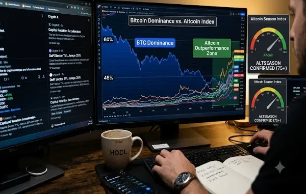 A dynamic trading setup with two monitors. The main screen displays a "Bitcoin Dominance vs. Altcoin Index" chart, contrasting declining Bitcoin dominance (red line, 60% to 45%) with surging Altcoin performance (multi-colored lines, green "Altcoin Outperformance Zone"). Gauges to the right confirm "ALTSEASON CONFIRMED (75+)." The left screen shows a "Crypto X" social feed with headlines about capital rotation and DeFi jumps. A trader analyzes the data, coffee cup nearby.