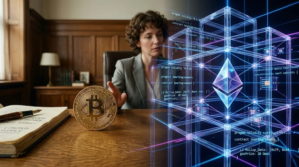 A split-screen editorial image contrasting Bitcoin and Ethereum. On the left, a physical gold Bitcoin coin sits simply on a classic wooden desk next to a notebook. On the right, a complex, three-dimensional holographic matrix glows with blue and purple neon light, displaying layers of smart contract code and data nodes built around a central Ethereum symbol. In the background, a woman in a grey blazer sits thoughtfully at the desk, looking at the complex holographic network.