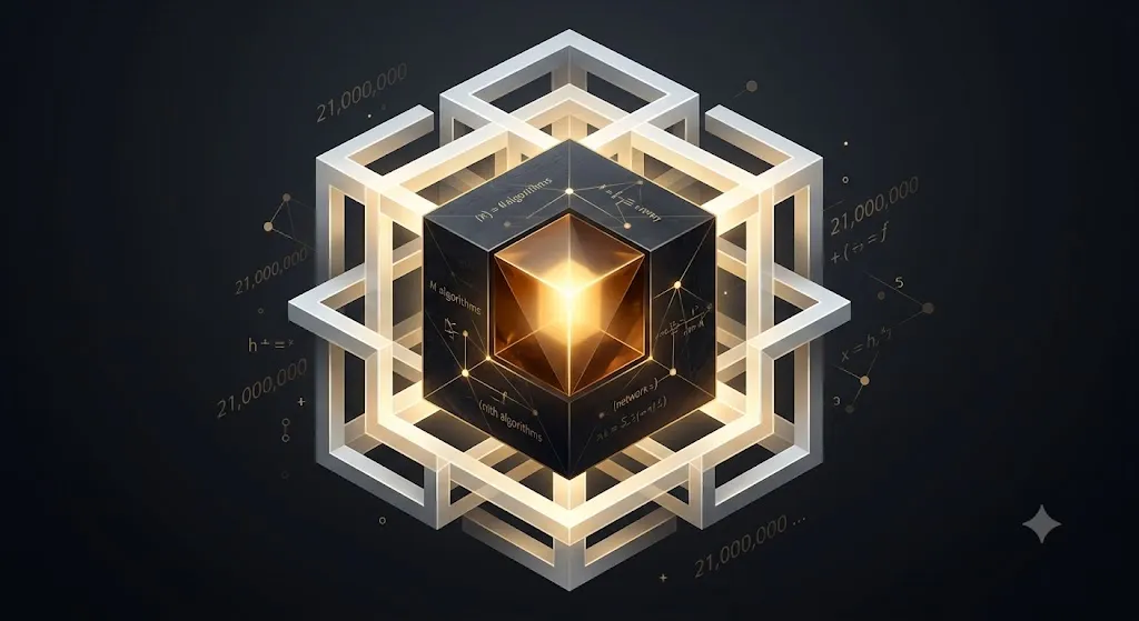 An abstract geometric illustration of a dark stone cube with a glowing gold core, suspended inside a complex white architectural cage, with mathematical formulas and the number "21,000,000" floating around it.