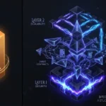 An infographic comparing a simple glowing gold Bitcoin monolith (representing digital cash) to a complex, multi-layered neon blue and purple crystal structure (representing Ethereum's decentralized computer and ecosystem).