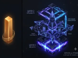 An infographic comparing a simple glowing gold Bitcoin monolith (representing digital cash) to a complex, multi-layered neon blue and purple crystal structure (representing Ethereum's decentralized computer and ecosystem).