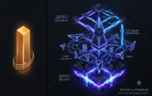 An infographic comparing a simple glowing gold Bitcoin monolith (representing digital cash) to a complex, multi-layered neon blue and purple crystal structure (representing Ethereum's decentralized computer and ecosystem).