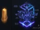 An infographic comparing a simple glowing gold Bitcoin monolith (representing digital cash) to a complex, multi-layered neon blue and purple crystal structure (representing Ethereum's decentralized computer and ecosystem).