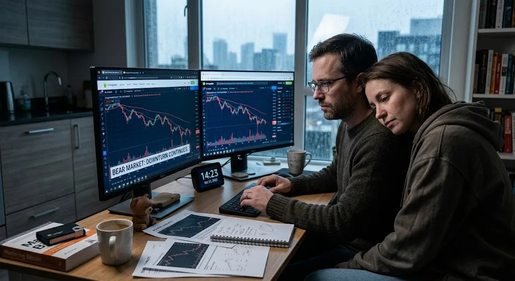 A candid, realistic photograph of a couple sitting somberly in their home kitchen/office during a rainy day. A man with glasses is intently analyzing falling red cryptocurrency price charts on two large desktop monitors. His partner leans her head on his shoulder, both looking weary as they view a distinct chart overlay that reads "BEAR MARKET: DOWNTURN CONTINUES." The scene is filled with realistic details including notebooks, coffee cups, a tiny teddy bear figurine, and a copy of the book "Mastering Bitcoin" on the counter.