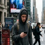 A concerned young man in a grey hoodie checks his smartphone displaying a crashing red Bitcoin chart on a busy, overcast city street.