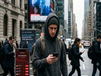 A concerned young man in a grey hoodie checks his smartphone displaying a crashing red Bitcoin chart on a busy, overcast city street.