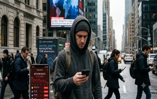 A concerned young man in a grey hoodie checks his smartphone displaying a crashing red Bitcoin chart on a busy, overcast city street.