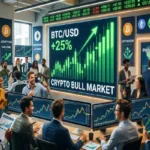 A modern financial trading room filled with diverse investors and analysts monitoring cryptocurrency charts. A massive central screen displays a green "+25% BTC/USD" candlestick chart with the text "CRYPTO BULL MARKET." The atmosphere is optimistic, featuring traders using multiple monitors, smartphones, and VR headsets to track rising market trends.