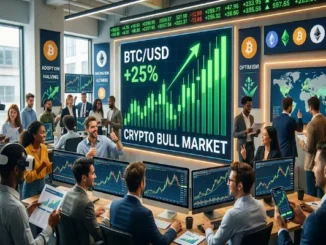 A modern financial trading room filled with diverse investors and analysts monitoring cryptocurrency charts. A massive central screen displays a green "+25% BTC/USD" candlestick chart with the text "CRYPTO BULL MARKET." The atmosphere is optimistic, featuring traders using multiple monitors, smartphones, and VR headsets to track rising market trends.