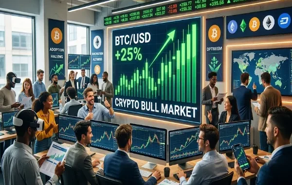 A modern financial trading room filled with diverse investors and analysts monitoring cryptocurrency charts. A massive central screen displays a green "+25% BTC/USD" candlestick chart with the text "CRYPTO BULL MARKET." The atmosphere is optimistic, featuring traders using multiple monitors, smartphones, and VR headsets to track rising market trends.
