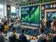 A modern financial trading room filled with diverse investors and analysts monitoring cryptocurrency charts. A massive central screen displays a green "+25% BTC/USD" candlestick chart with the text "CRYPTO BULL MARKET." The atmosphere is optimistic, featuring traders using multiple monitors, smartphones, and VR headsets to track rising market trends.