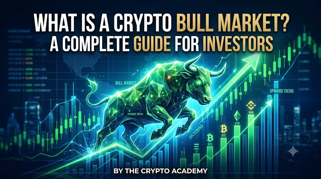 A digital article cover image featuring a powerful, charging bull rendered in glowing green geometric lines. The bull jumps upward along a rising green financial candlestick chart with an arrow pointing toward growth. The background shows a dark blue cryptocurrency market interface with small Bitcoin, Ethereum, and BNB logos. At the top, bold text reads: 'WHAT IS A CRYPTO BULL MARKET? A COMPLETE GUIDE FOR INVESTORS.'