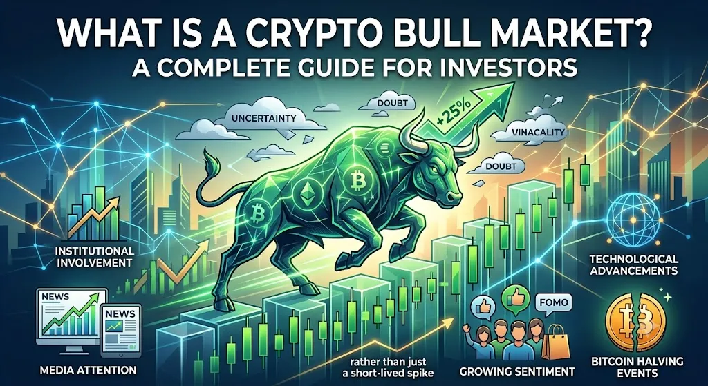 An informational graphic for an article titled "What Is a Crypto Bull Market? A Complete Guide for Investors." The image features a large, stylized green bull leaping upward over rising green candlestick charts, symbolizing market momentum. The bull's body is patterned with digital network lines and cryptocurrency symbols like Bitcoin and Ethereum. Surrounding the central image are various illustrative icons and text labels detailing key concepts mentioned in the guide, including "Institutional Involvement," "Media Attention," "Growing Sentiment," "FOMO," "Technological Advancements," and "Bitcoin Halving Events."