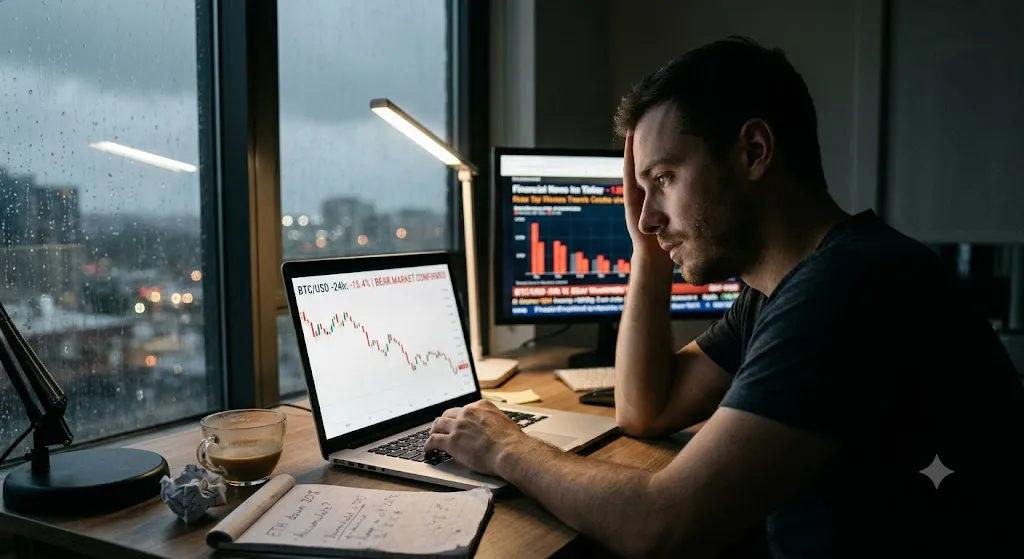 A concerned crypto investor sits at a desk during a rainy night, viewing a falling red candle chart and the headline "BEAR MARKET CONFIRMED" on a laptop screen. He has his hand to his head, exhibiting a stressful reaction to the market downturn. The shot includes a notepad with notes like "ETH down 30%?"