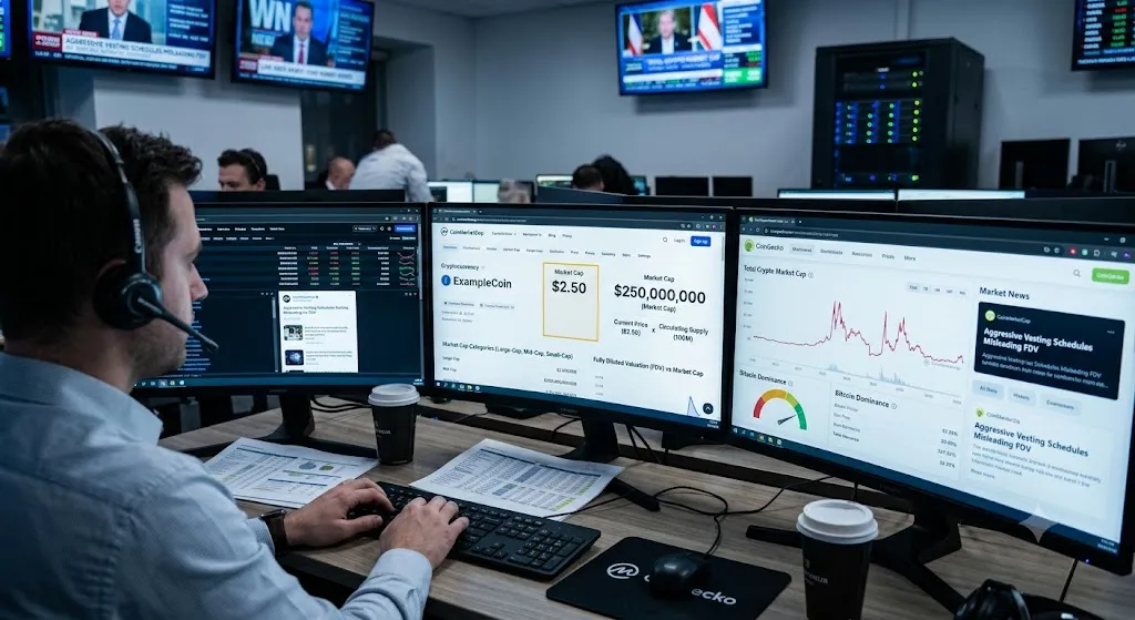 A realistic photograph of a cryptocurrency analyst with a headset sitting at a desk in a modern trading data center, looking at three computer monitors displaying crypto data charts, market capitalization breakdowns for ExampleCoin at two dollars and fifty cents, and data comparisons between market cap and fully diluted valuation (FDV).