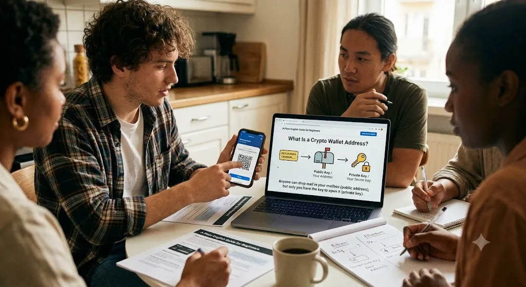 Four diverse friends sat around a table with notebooks, coffee, and printed guides. One man points to a crypto wallet app displaying a QR code on his smartphone, while a laptop in the center displays a guide explaining public and private keys using a mailbox visual analogy.