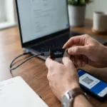 A person holding a hardware crypto wallet connected to a laptop while double-checking the public wallet address and scanning a QR code on a smartphone.