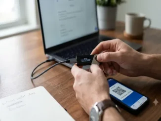 A person holding a hardware crypto wallet connected to a laptop while double-checking the public wallet address and scanning a QR code on a smartphone.