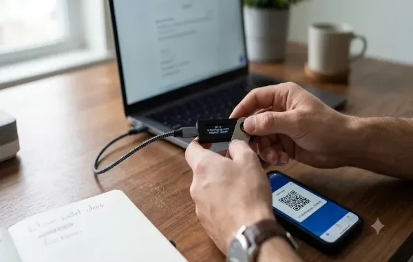 A person holding a hardware crypto wallet connected to a laptop while double-checking the public wallet address and scanning a QR code on a smartphone.