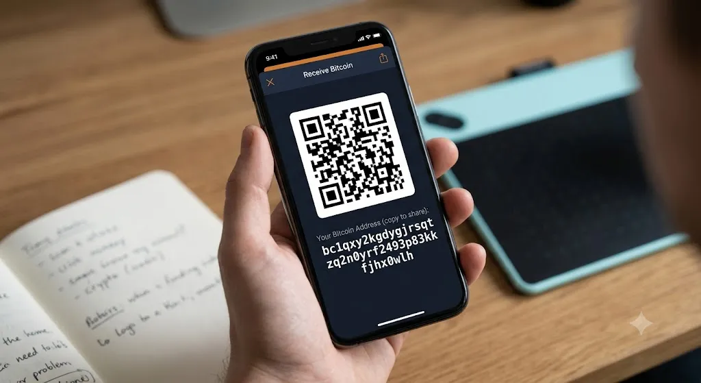 A person holding a smartphone displaying a crypto wallet receive screen with a prominent QR code and a long public Bitcoin address.