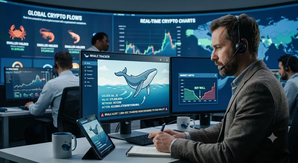 A photographic image of a man with a beard and headset sitting at a desk, looking at multiple computer monitors in a command center. A monitor in the foreground displays a chart titled "Whale Tracker" with a graphic of a humpback whale and market data, including a "Market Depth" chart labeled "Buy Wall." A tablet and notepad are on the desk, and larger screens in the background show "Global Crypto Flows" and "Real-Time Crypto Charts."
