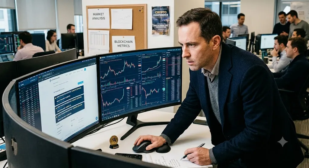 A focused male crypto analyst stands at a modern desk with multiple curved monitors displaying complex candlestick charts and blockchain transaction metrics in a busy trading office.