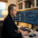 A middle-aged male cryptocurrency trader analyzing real-time financial charts and data on multiple monitors in a professional home office.