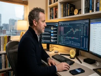 A middle-aged male cryptocurrency trader analyzing real-time financial charts and data on multiple monitors in a professional home office.