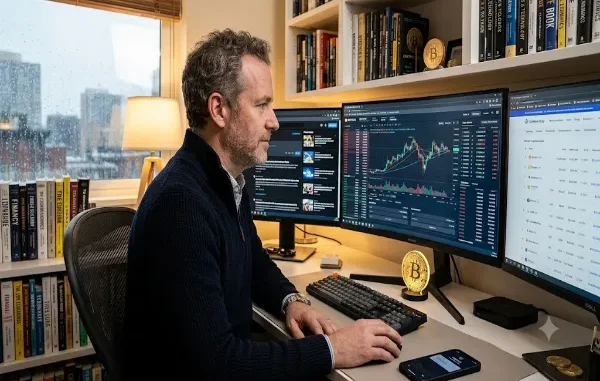 A middle-aged male cryptocurrency trader analyzing real-time financial charts and data on multiple monitors in a professional home office.