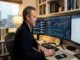 A middle-aged male cryptocurrency trader analyzing real-time financial charts and data on multiple monitors in a professional home office.