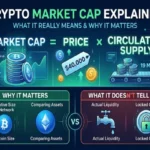 A detailed crypto-themed infographic in deep blues and electric greens. The top banner reads "CRYPTO MARKET CAP EXPLAINED" and "WHAT IT REALLY MEANS & WHY IT MATTERS." Below this, a large graphic formula shows "MARKET CAP = PRICE × CIRCULATING SUPPLY." Market Cap is represented by stacks of gold coins and a line graph labeled "Total Market Value." Price features a floating tag with "$40,000" and an upward arrow, with Bitcoin and dollar sign icons. Circulating Supply shows a conveyor belt moving stacks of coins and is labeled "19 MILLION" with a bar chart. The lower section compares two panels. The left panel, in green, is "WHY IT MATTERS" (POSITIVE) with points: 'Relative Size of Network' and 'Comparing Assets,' featuring large Bitcoin and Ethereum logo spheres labeled "Bitcoin Size" and "Comparing Assets." The right panel, in red, is "WHAT IT DOESN’T TELL YOU" (NEGATIVE) with points: 'Actual Liquidity' and 'Locked Coins,' represented by a leaky faucet labeled "Actual Liquidity" and a locked coin with a padlock labeled "Locked Coins." The panels are separated by a "VS" icon, with circuit board and connection details throughout the background.