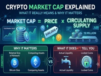 A detailed crypto-themed infographic in deep blues and electric greens. The top banner reads "CRYPTO MARKET CAP EXPLAINED" and "WHAT IT REALLY MEANS & WHY IT MATTERS." Below this, a large graphic formula shows "MARKET CAP = PRICE × CIRCULATING SUPPLY." Market Cap is represented by stacks of gold coins and a line graph labeled "Total Market Value." Price features a floating tag with "$40,000" and an upward arrow, with Bitcoin and dollar sign icons. Circulating Supply shows a conveyor belt moving stacks of coins and is labeled "19 MILLION" with a bar chart. The lower section compares two panels. The left panel, in green, is "WHY IT MATTERS" (POSITIVE) with points: 'Relative Size of Network' and 'Comparing Assets,' featuring large Bitcoin and Ethereum logo spheres labeled "Bitcoin Size" and "Comparing Assets." The right panel, in red, is "WHAT IT DOESN’T TELL YOU" (NEGATIVE) with points: 'Actual Liquidity' and 'Locked Coins,' represented by a leaky faucet labeled "Actual Liquidity" and a locked coin with a padlock labeled "Locked Coins." The panels are separated by a "VS" icon, with circuit board and connection details throughout the background.