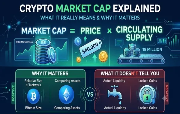 A detailed crypto-themed infographic in deep blues and electric greens. The top banner reads "CRYPTO MARKET CAP EXPLAINED" and "WHAT IT REALLY MEANS & WHY IT MATTERS." Below this, a large graphic formula shows "MARKET CAP = PRICE × CIRCULATING SUPPLY." Market Cap is represented by stacks of gold coins and a line graph labeled "Total Market Value." Price features a floating tag with "$40,000" and an upward arrow, with Bitcoin and dollar sign icons. Circulating Supply shows a conveyor belt moving stacks of coins and is labeled "19 MILLION" with a bar chart. The lower section compares two panels. The left panel, in green, is "WHY IT MATTERS" (POSITIVE) with points: 'Relative Size of Network' and 'Comparing Assets,' featuring large Bitcoin and Ethereum logo spheres labeled "Bitcoin Size" and "Comparing Assets." The right panel, in red, is "WHAT IT DOESN’T TELL YOU" (NEGATIVE) with points: 'Actual Liquidity' and 'Locked Coins,' represented by a leaky faucet labeled "Actual Liquidity" and a locked coin with a padlock labeled "Locked Coins." The panels are separated by a "VS" icon, with circuit board and connection details throughout the background.