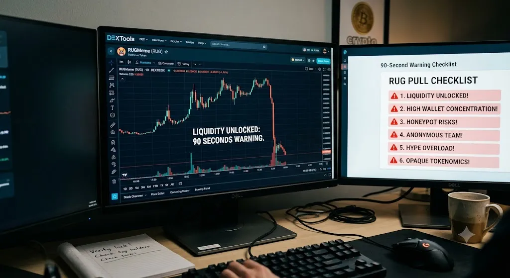 A photograph from a trader's perspective shows a dimly lit desk with a multi-monitor computer setup. The central screen displays a complex crypto candlestick chart for a token named 'RUGMeme (RUG)' on a realistic trading interface, featuring volatile price movements. Overlaid text on the chart reads 'LIQUIDITY UNLOCKED: 90 SECONDS WARNING,' illustrating the core concept of the article. An adjacent monitor to the right presents a simplified '90-Second Warning Checklist' with key warning signs: '1. LIQUIDITY UNLOCKED!', '2. HIGH WALLET CONCENTRATION!', '3. HONEYPOT RISKS!', '4. ANONYMOUS TEAM!', '5. HYPE OVERLOAD!', '6. OPAQUE TOKENOMICS!'. The background elements, including a mechanical keyboard, mouse, notepad, and coffee mug, enhance the authenticity of a dedicated trading workspace.