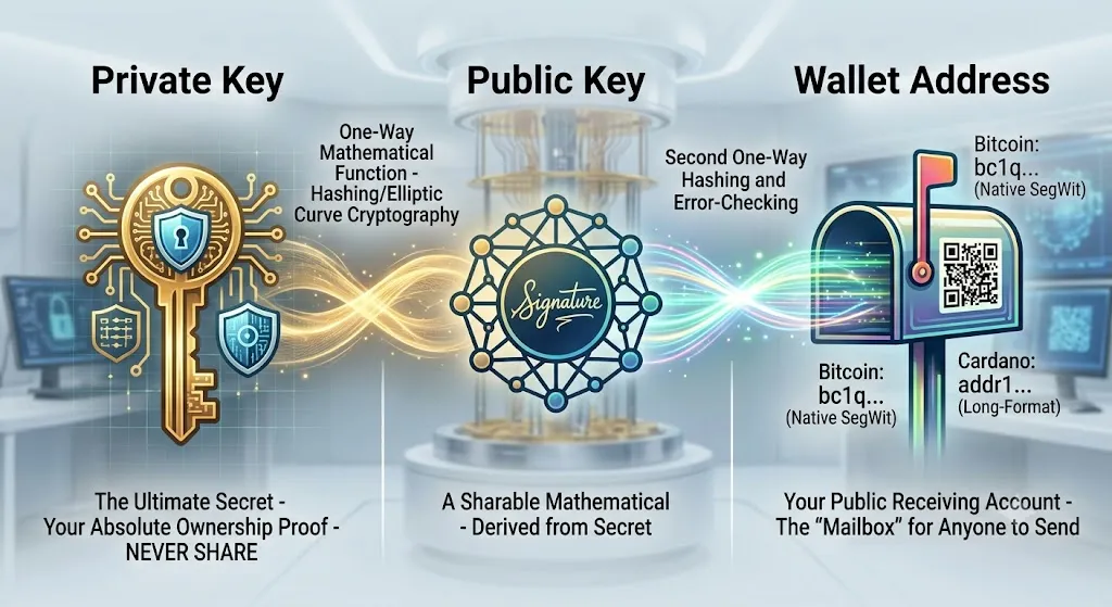 An infographic diagram with three futuristic columns illustrating the cryptographic derivation process: Private Key, Public Key, and Wallet Address. The Private Key is shown as a complex, locked golden key with glowing circuitry. Flowing light streams connect it to the Public Key column, which features an abstract, geometric molecule-like structure with a signature script inside. More light streams lead to the final Wallet Address column, represented by a stylized mailbox with an illuminated flag, containing a scannable QR code and several sample crypto addresses, clearly marking it as the public receiving destination. The background is a clean, modern digital grid with soft, technical elements.