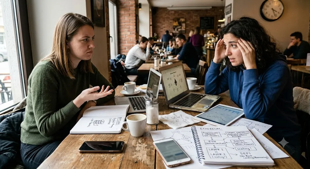 A photograph of two women sitting across from each other at a wooden table in a busy coffee shop. The woman on the left, wearing a green sweater, looks quizzically at her friend while gesturing toward an open notebook that shows simple notes about Bitcoin. The woman on the right, wearing a blue hoodie, holds her head in frustration, surrounded by a laptop displaying technical diagrams, a tablet with market charts, and a detailed notebook filled with complex flowcharts and handwritten text mapping out Ethereum concepts like smart contracts, gas, and layer 2 scaling.
